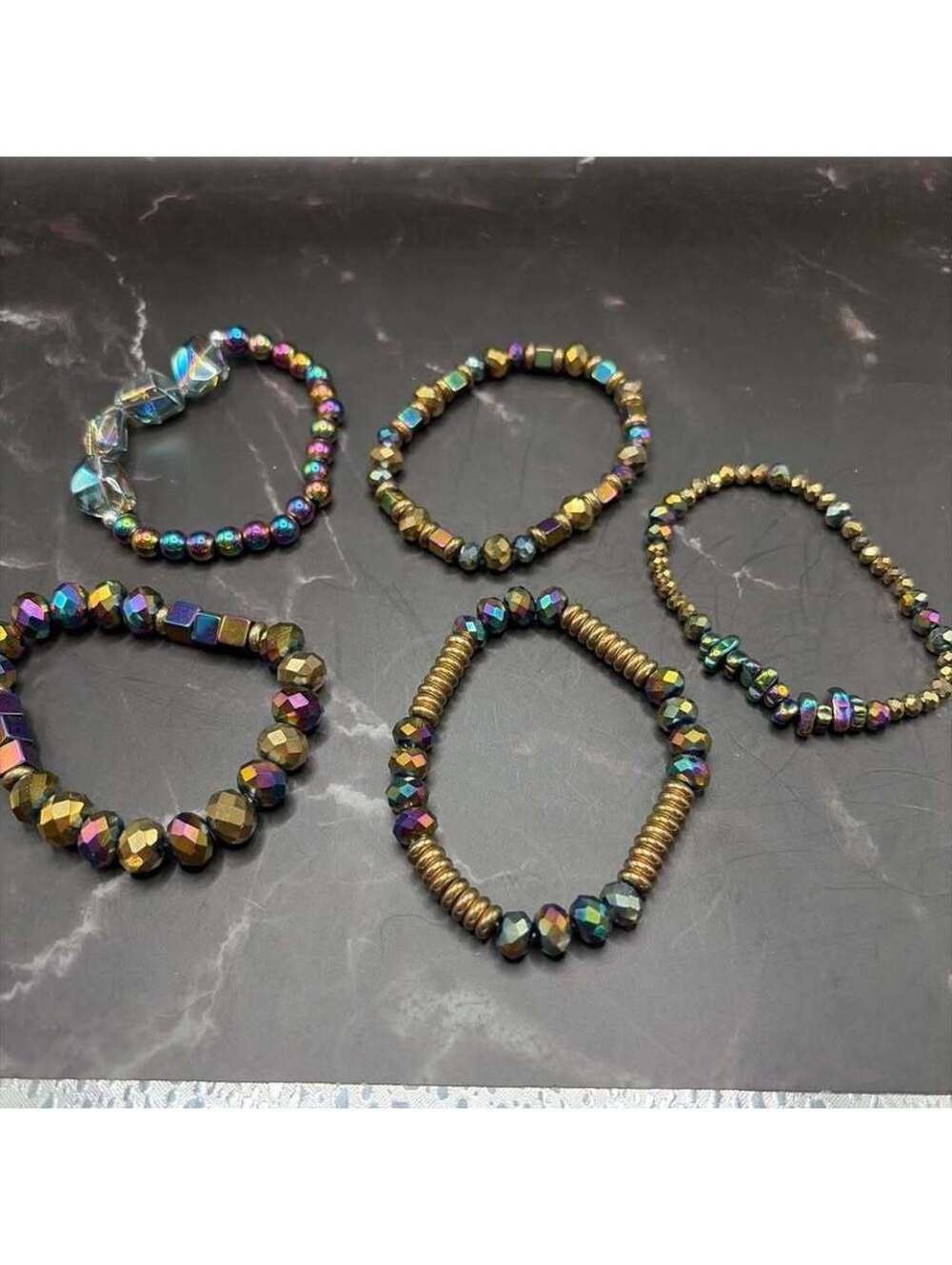 Set of 5 Iridescent Beaded Stretch Bracelets